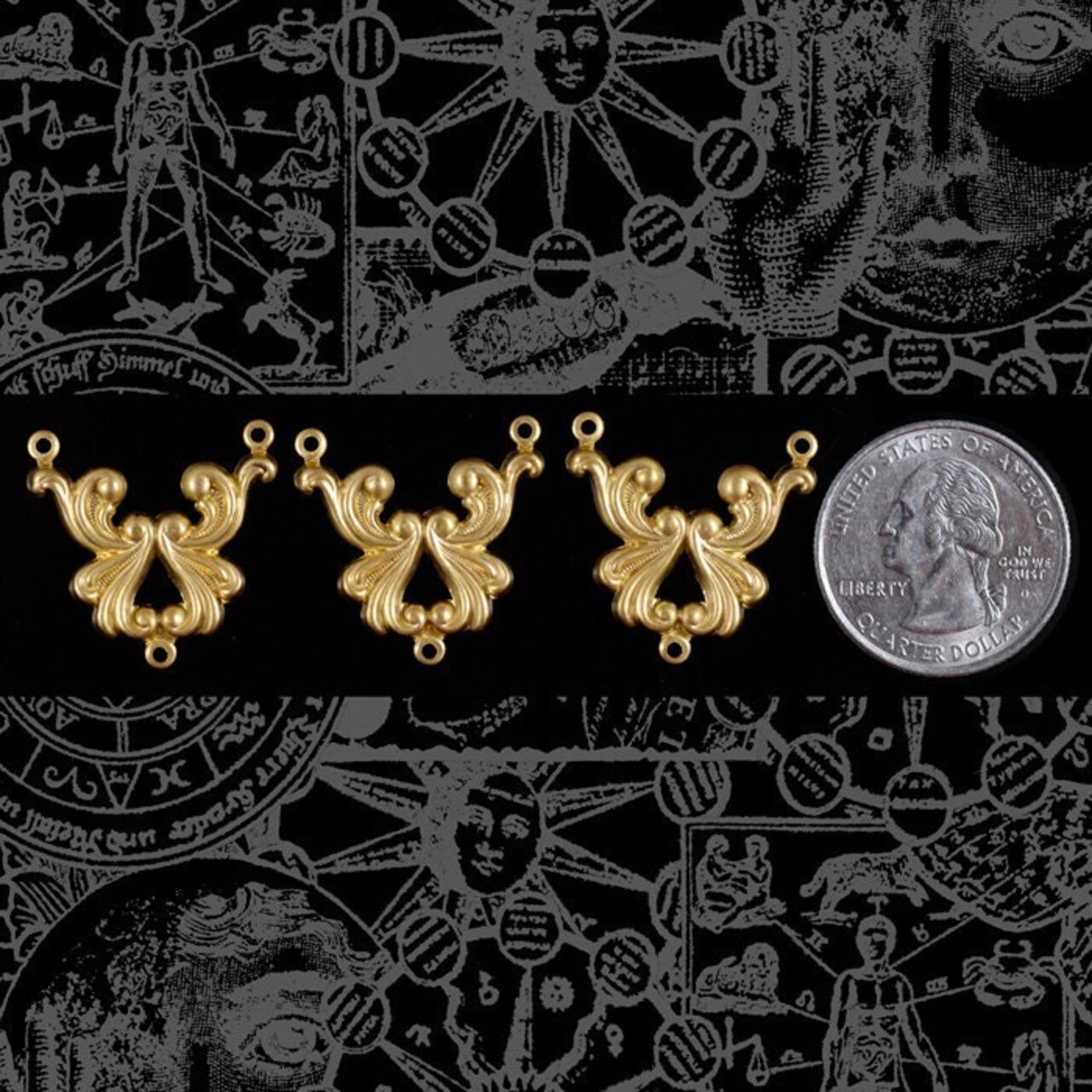 Raw Brass Art Deco Scrolled Ribbon Three Way Connectors - Set of Three B-3C20